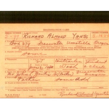 Richard Yantis Registration Card for military.